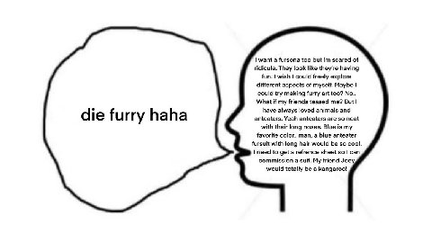 want а fursona too but scared of ridicule. They look like having fun. wish could freely explore different aspects of myself. Maybe could try making furry art too? No.. What if my friends teased me? Bu