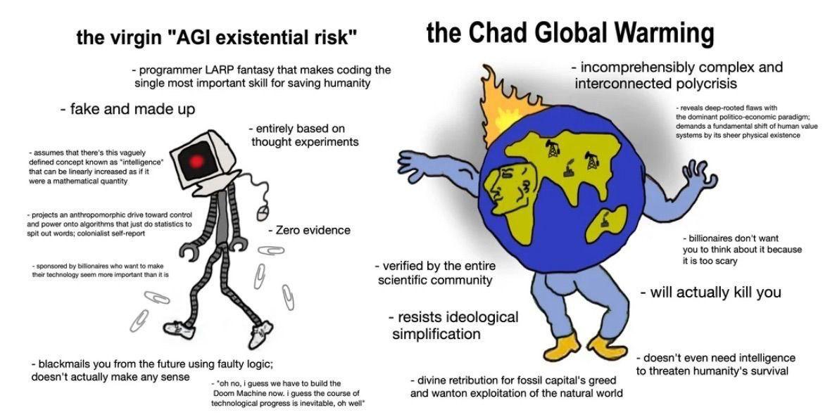 the virgin "AGI existential risk" the Chad Global Warming programmer LARP fantasy that makes coding the incomprehensibly complex and single most important skill for saving humanity interconnected poly