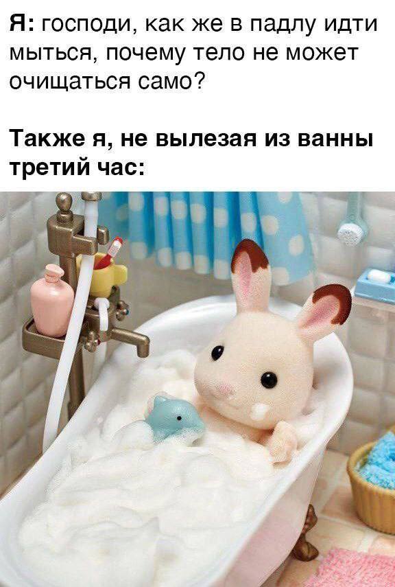 Я: господи, как же в падлу идти мыться, почему тело не может очищаться само? Также я, не вылезая из ванны третий час: а a с “a 2 а