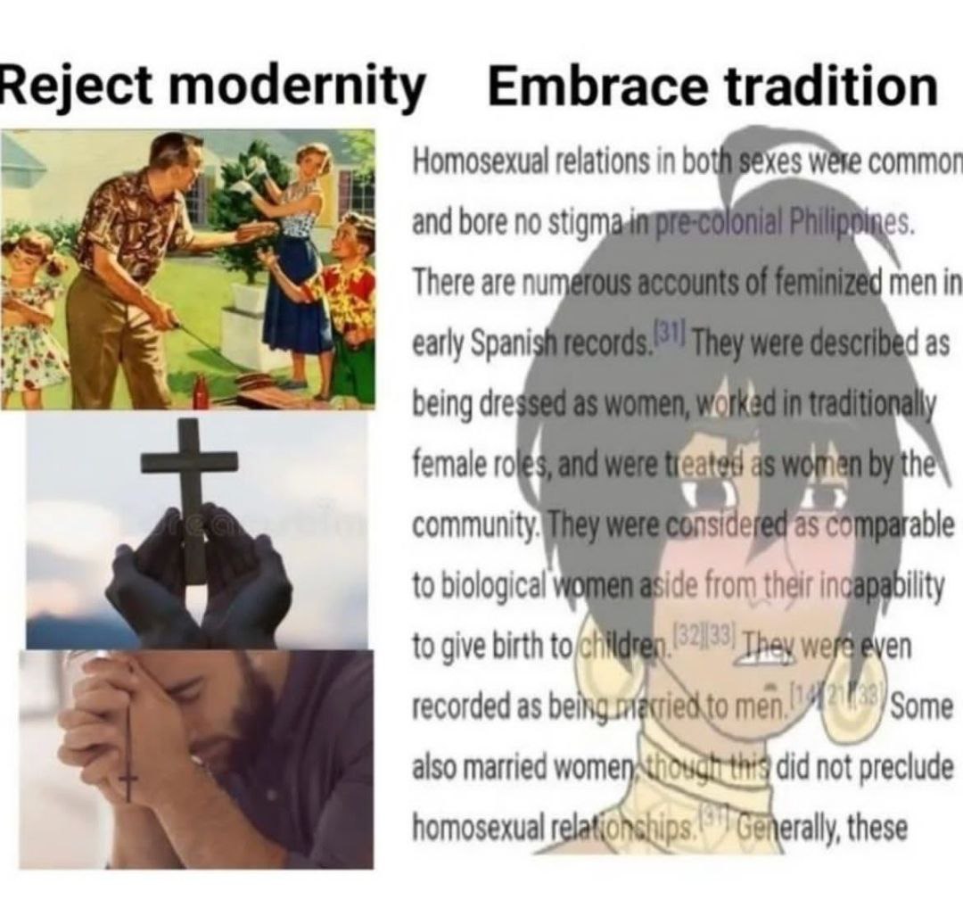 Reject modernity Embrace tradition Homosexual relations in bot commor and bore no stig There are men in early Spani das a being dre female community side able to biological ide from their ing bility t