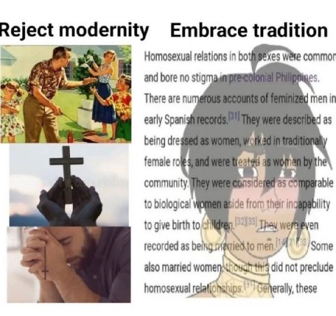 Reject modernity Embrace tradition Homosexual relations in bot commor and bore no stig There are men in early Spani das a being dre female community side able to biological ide from their ing bility t
