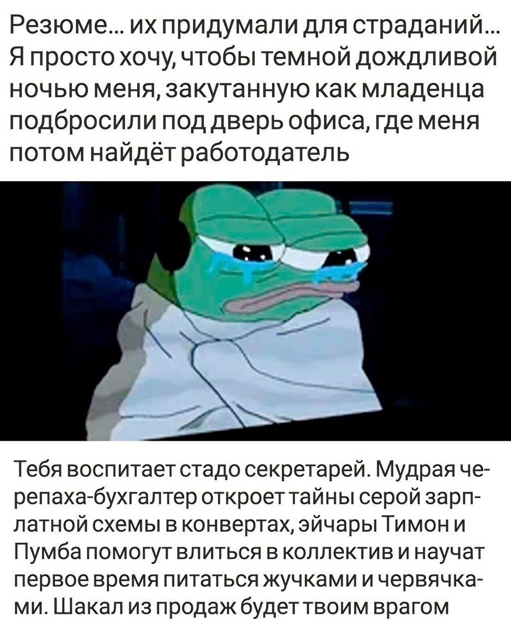 придумали для страданий... Я просто хочу, чтобы темной дождливой ночью меня, закутанную как младенца подбросили под дверь офиса, где меня потом найдёт работодатель Тебя воспитает стадо секретарей. Муд