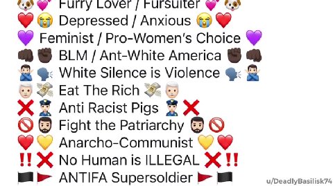 == Trans queer non conforming = ра LGBTQ+ Supporter and Activist && = Pansexual Transhumanist 24 @ & Depressed / Anxious © ® ® Feminist / Pro-Women's Choice ® @ © BLM/ Ant-White America @ @ & @ White