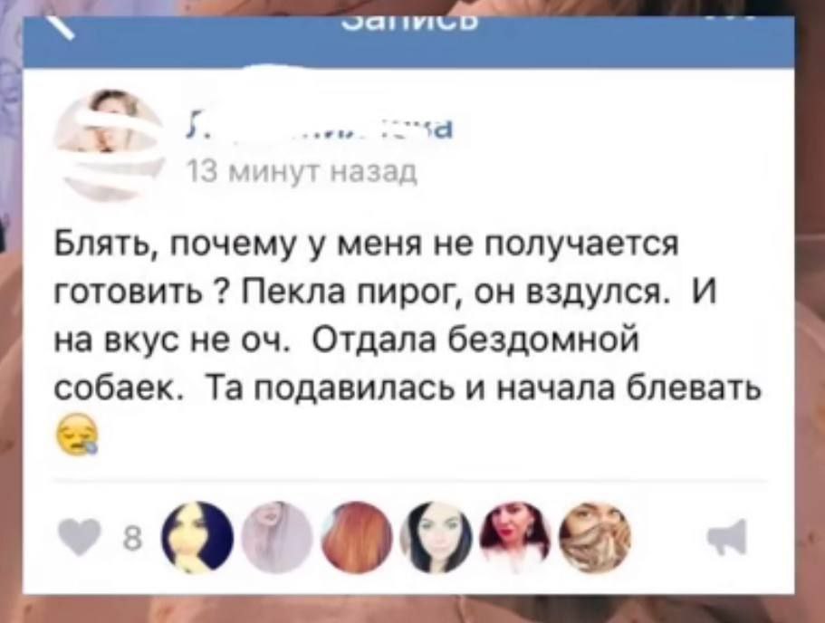 13 минут назад Блять, почему у меня не получается готовить Пекла пирог, он вздулся. И на вкус не Отдала бездомной собаек. подавилась и начала блевать