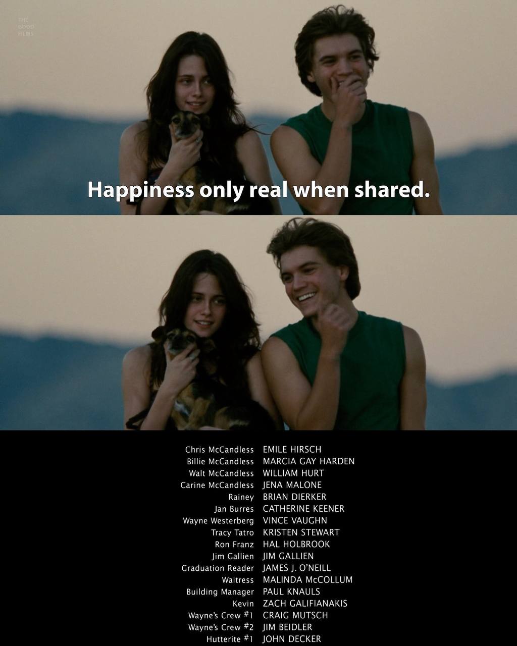 Happiness only real when shared. we Chris McCandless EMILE HIRSCH Billie McCandless MARCIA GAY HARDEN Walt McCandless WILLIAM HURT Carine McCandless JENA MALONE BRIAN DIERKER Rainey Jan Виггез CATHERI