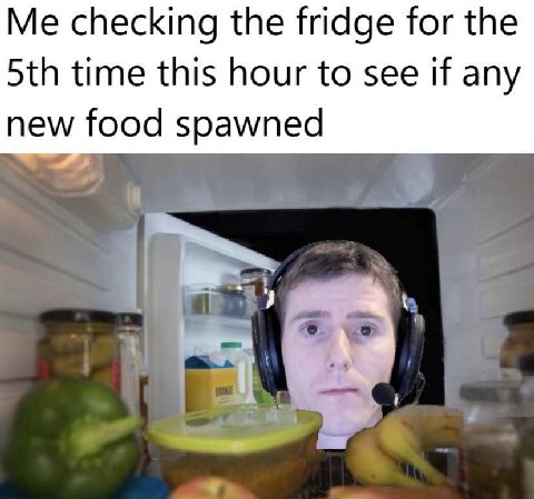 Me checking the fridge for the time this hour to see if any Spawned
