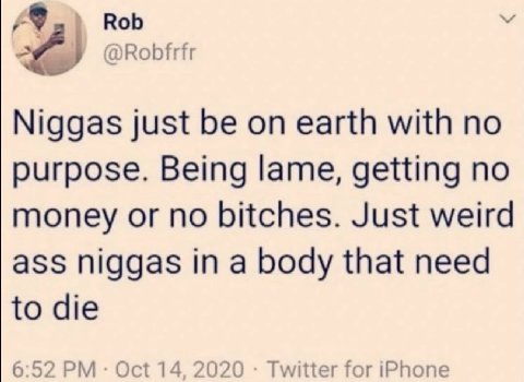 Rob У @Robfrfr Niggas just be on earth with no purpose. Being lame, getting no money or no bitches. Just weird ass niggas in a body that need to die 6:52 Oct 14, 2020 Twitter for iPhone