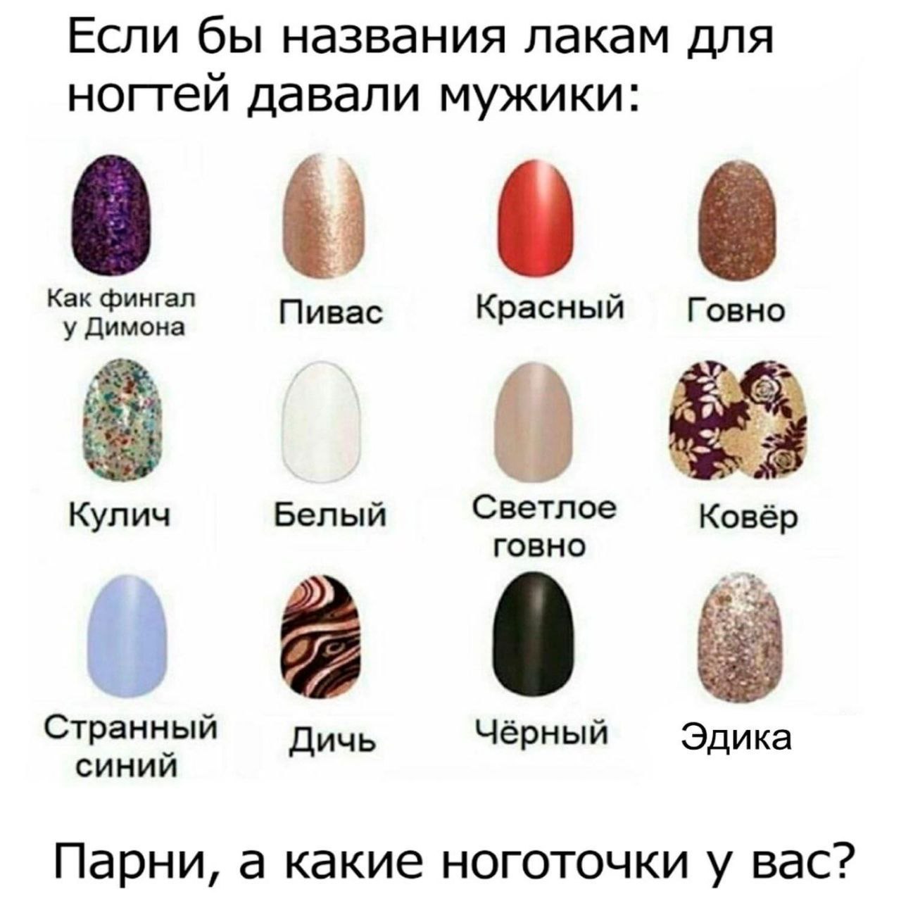 Если бы названия лакам для ноггей давали мужики: Как фингал 0 6 у Димона Пивас Красный Говно Кулич Белый Ковёр говно 0 Странный Дичь Чёрный синий Парни, а какие ноготочки у вас?