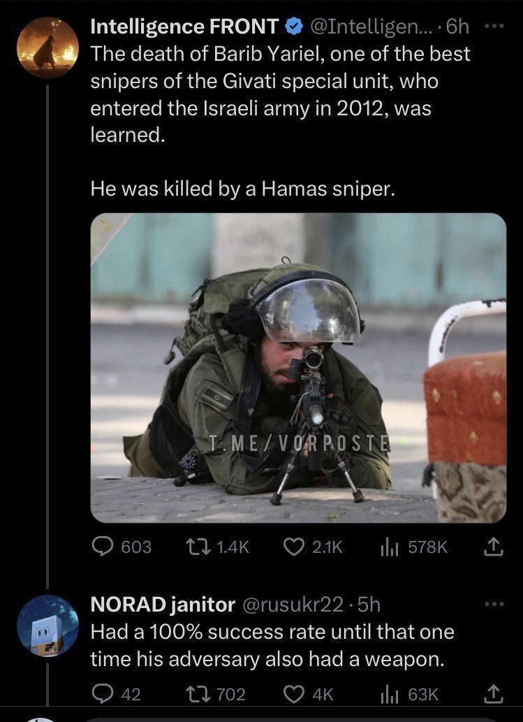 FRONT The death of Barib Yariel, one of the best snipers of the Givati special unit, who entered the Israeli army 2012, was learned. He was killed a Hamas Sniper. NORAD janitor Нада100% success rate u