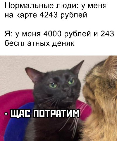 Нормальные люди: у меня на карте 4243 рублей Я: у меня 4000 рублей и 243 бесплатных деняк ЩАС ПОТРАТИМ”