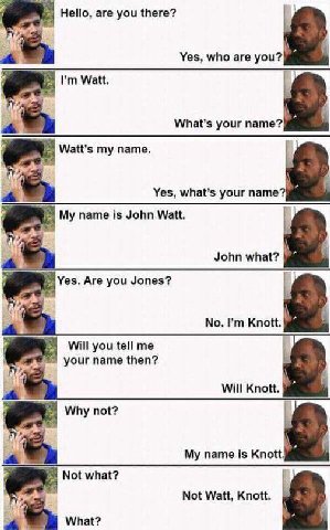 Hello, are you there? Yes, who are you? Watt. a What's your name? Watt's my name. Yes, what’s your name? My name is John Watt. John what? Yes. Are you Jones? No. Knott. Will you tell me your name then