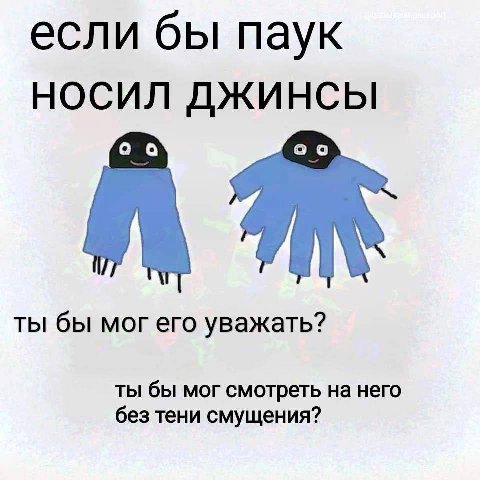 если бы паук НОСИЛ ДЖИНСЫ ты бы мог его уважать? ты бы мог смотреть на него без тени смущения?