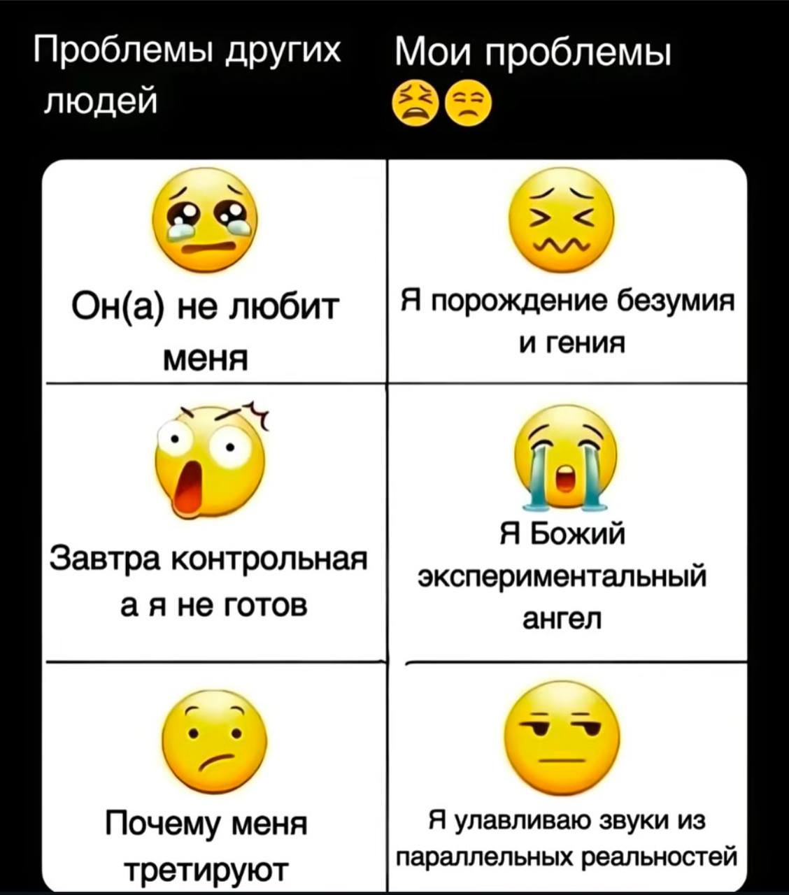 Проблемы других Мои проблемы людей 66 Он(а) не любит Я порождение безумия и гения меня Я Божий Завтра контрольная экспериментальный аяне готов ангел Почему меня Я улавливаю звуки из третируют параллел