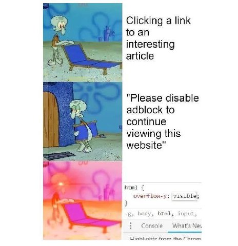 Clicking a link to an interesting article "Please disable adblock to continue viewing this website" Я html overflow-y: body, input, Console What's Ney Uinhliahte fram tha Chram