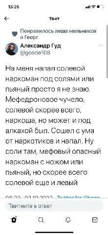 13:26 Твит Понравилось леша мельников и Георг Александр Гуд @goode108 На меня напал солевой наркоман под солями или пьяный просто я не знаю. Мефедроновое чучело, солевой скорее всего, наркоша, но може