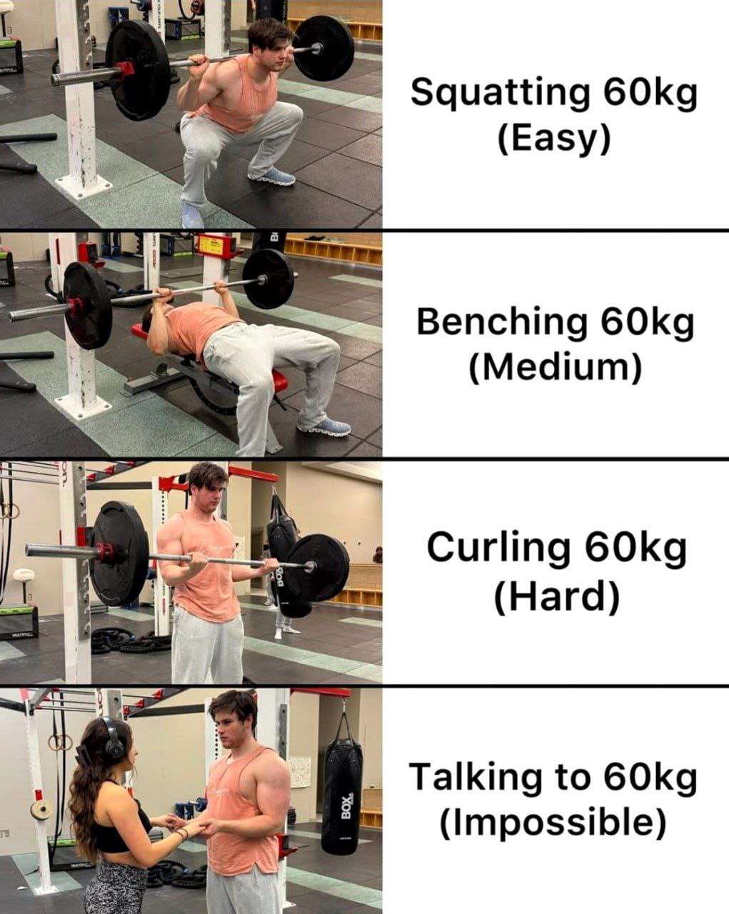 22274 Squatting (Easy) Benching (Medium) Curling (Hard) Talking to (Impossible)