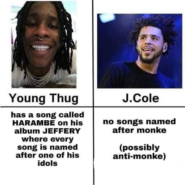 Young Thug J.Cole has a song called HARAMBE on his no songs named album JEFFERY after monke where every song is named (possibly after one of his anti-monke) idols