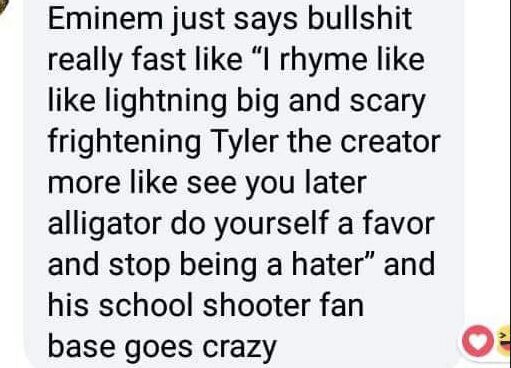 4 Eminem just says bullshit really fast like “I rhyme like like lightning big and scary frightening Tyler the creator more like see you later alligator yourself a favor and stop being a hater” and his