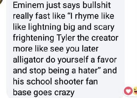 4 Eminem just says bullshit really fast like “I rhyme like like lightning big and scary frightening Tyler the creator more like see you later alligator yourself a favor and stop being a hater” and his