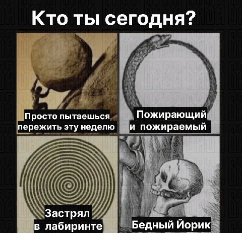 Кто ты сегодня? Просто пытаешься Пожирающий пережить эту неделю и пожираемый Застрял в лабиринте Бедный Йорик