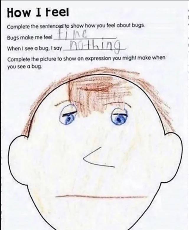 How Feel Complete the sentenc to show how you feel about bugs INL Bugs make me feel [1 When see bug, say Complete the picture to show on expression you might moke when you see а bug. 2 1 У}