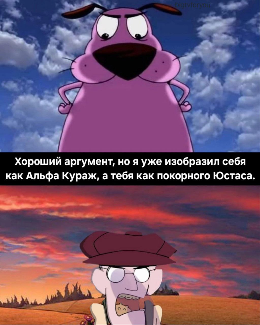 Хороший аргумент, но я уже изобразил себя как Альфа Кураж, а тебя как покорного Юстаса.