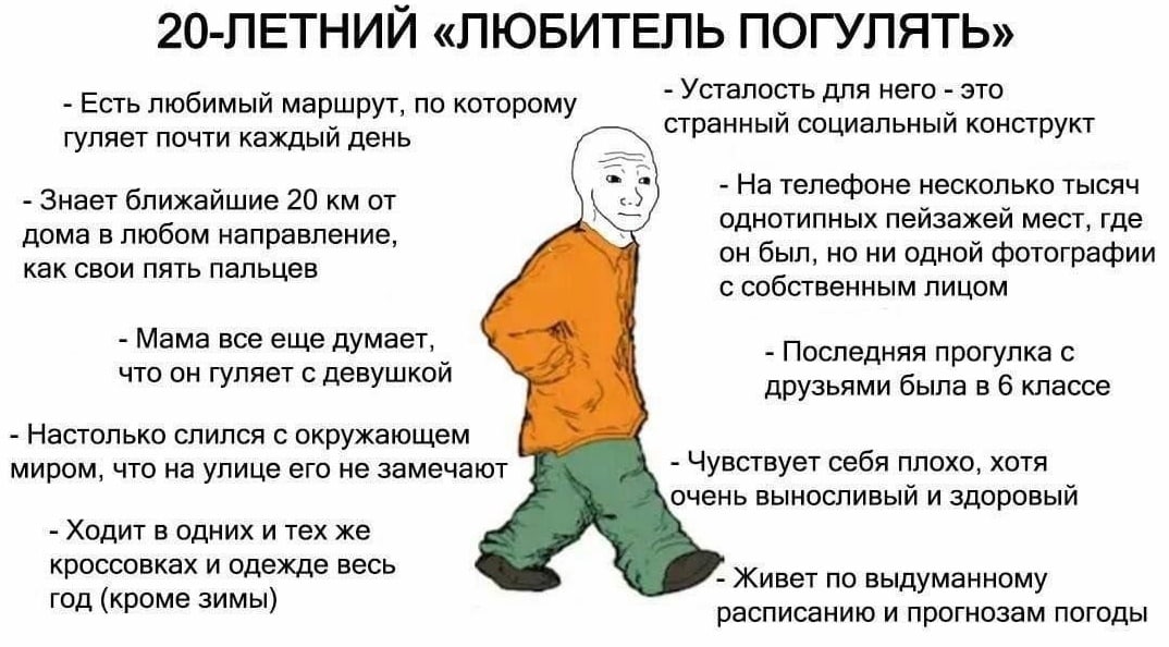 20-ЛЕТНИЙ «ЛЮБИТЕЛЬ ПОГУЛЯТЬ» Усталость для него это Есть любимый маршрут, по которому странный социальный конструкт гуляет почти каждый день На телефоне несколько тысяч Знает ближайшие 20 от однотипн