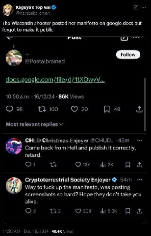 Kaguya’s Тор Gal @hayasaka_aryan The Wisconsin shooter posted her manifesto on google docs but forgot to make it public rust 1 @Postalbrained 10:50 16/12/24 Views 98 1} 100 20 4 Most relevant replies 