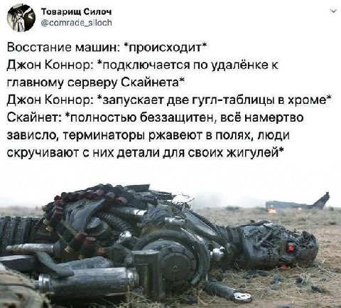 Товарищ Силоч @comrade_siloch Восстание машин: *происходит* Джон Коннор: *подключается по удалёнке к главному серверу Скайнета* Джон Коннор: *запускает две гугл-таблицы в хроме* Скайнет: *полностью бе