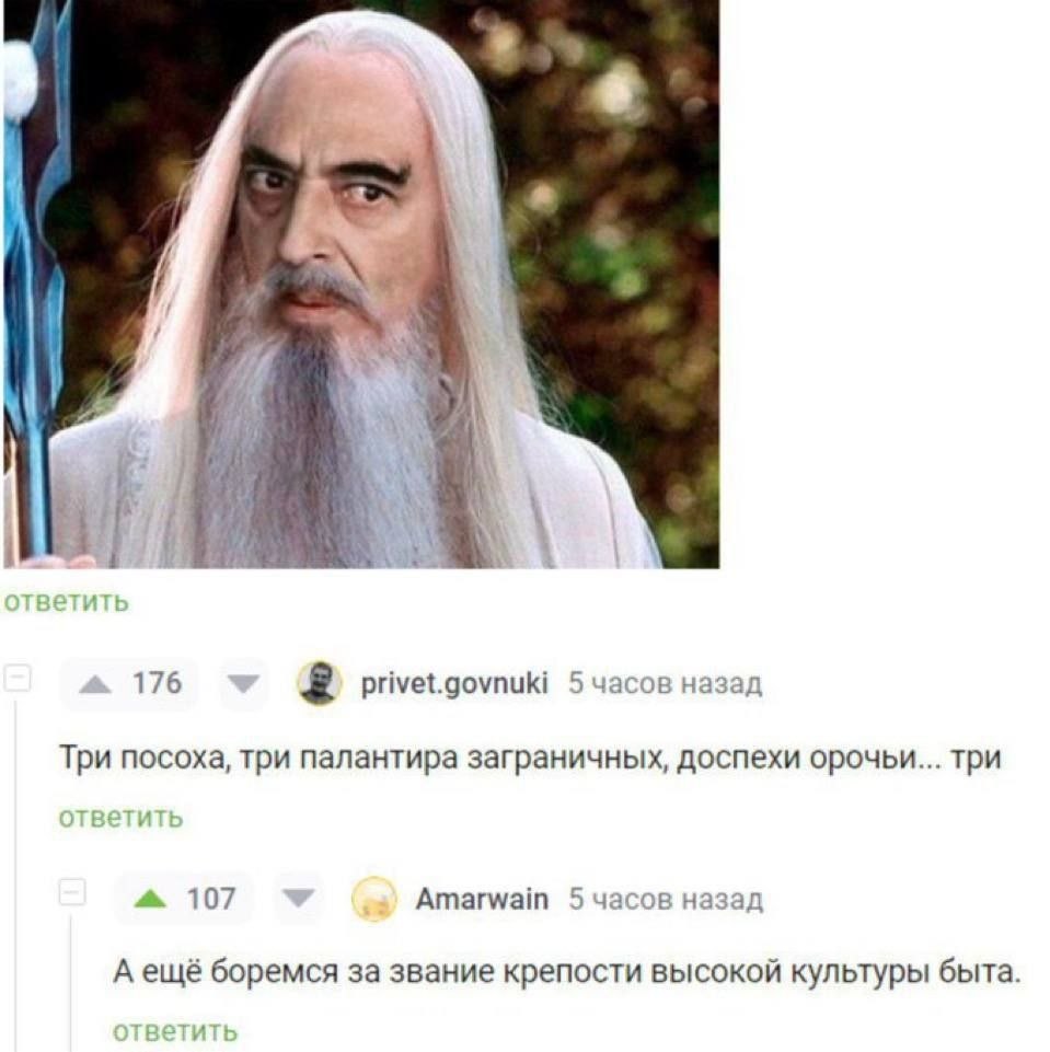 4 4 176 2 privet.govnuki 5 часов назад Три посоха, три палантира заграничных, доспехи орочьи... три 4 107 Amarwain 5 часов назад А ещё боремся за звание крепости высокой культуры быта.
