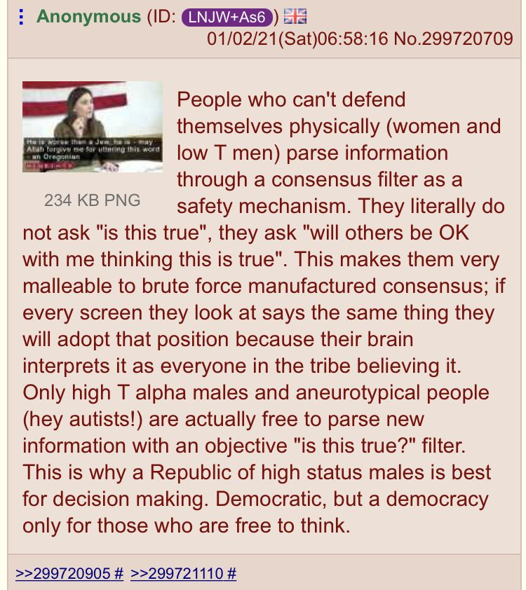 Anonymous sis No.299720709 People who can't defend themselves physically (women and low men) parse information 234 PNG through a consensus filter as a safety mechanism. They literally not ask "1$ this