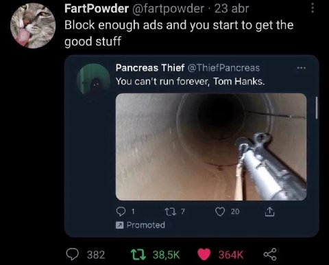 FartPowder @fartpowder 23 abr Block enough ads and you start to get the good stuff Pancreas Thief @ThiefPancreas You can't run forever, Tom Hanks. 7 20 Promoted 382