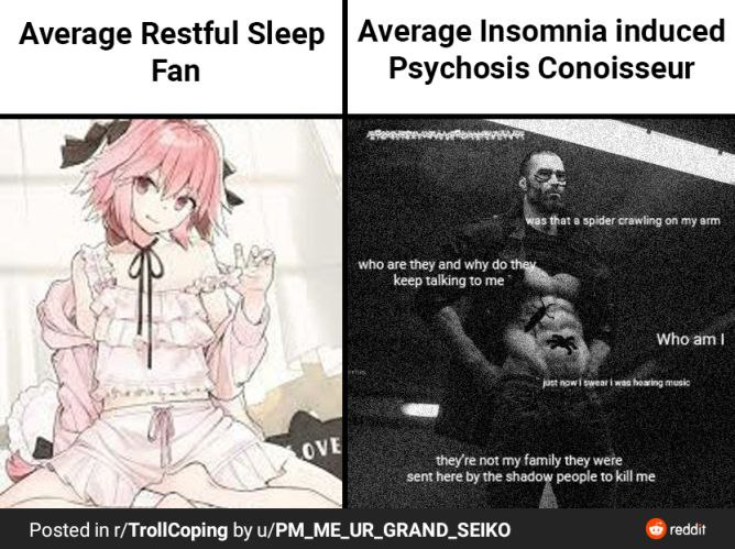 Average Restful Sleep Average Insomnia induced Fan Psychosis Conoisseur A Was that в spider crawling on my arm who are they and why keep talking to me now pwear was mus ove they're not my family they 