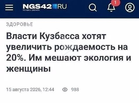 ЗДОРОВЬЕ Власти Кузбасса хотят увеличить рождаемость на 20%. мешают экология и женщины 15 августа 2026, 12:44 988