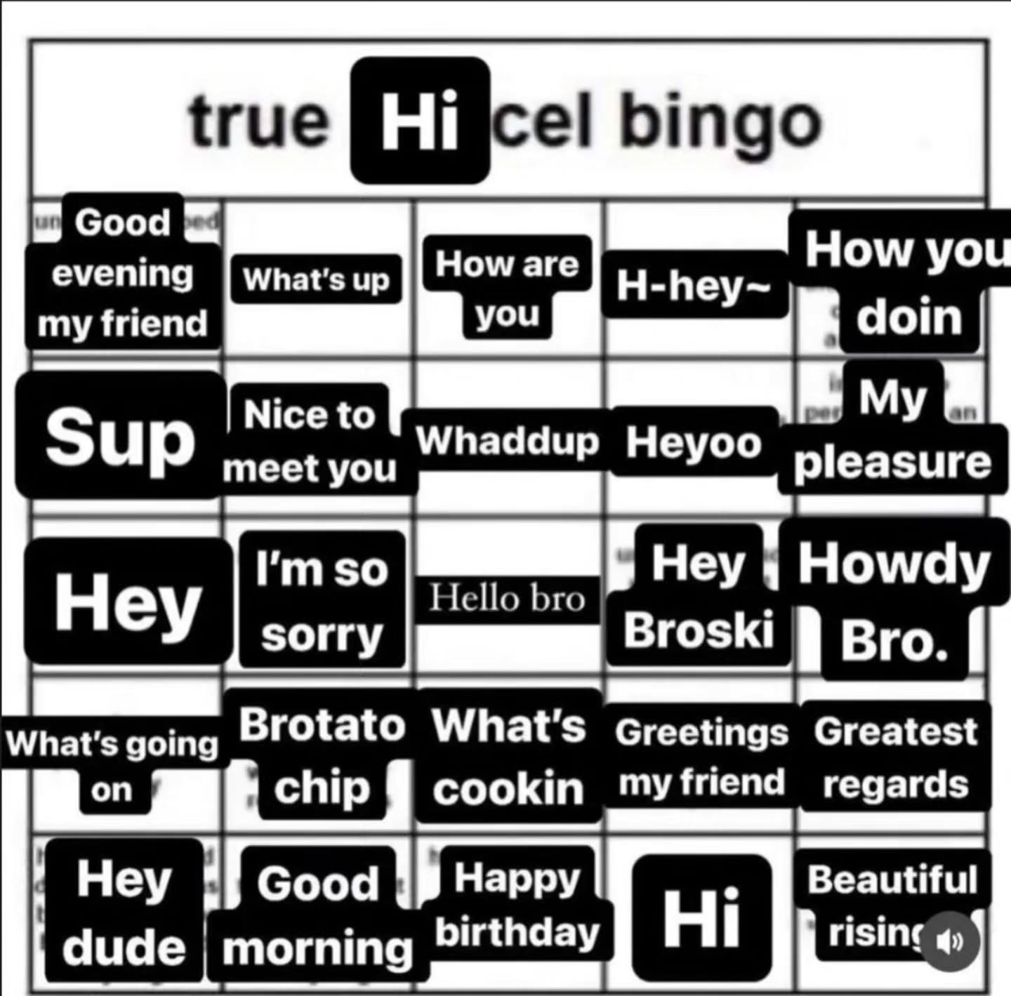 Good How evening my friend doin Euya Whaddup Heyoo Sup meet you pleasure Неу Номау Hello bro Hey Brotato What's Greetings Greatest What's chip Good Happy Beautiful birthday rising |morning