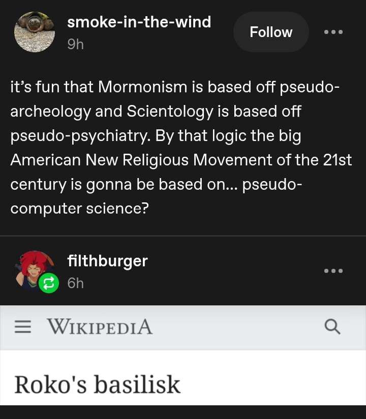 smoke-in-the-wind Follow eee it’s fun that Mormonism is based off pseudo- archeology and Scientology is based off pseudo-psychiatry. that logic the big American New Religious Movement of the century i