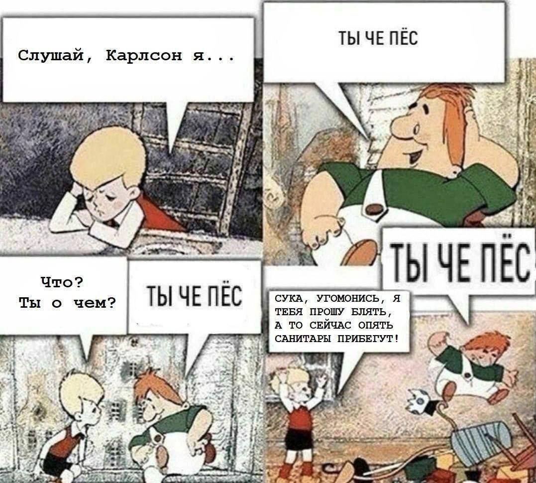Слушай, Карлсон я... Что? Ты о чем? СУКА, УГОМОНИСЬ, Я ТЕБЯ ПРОШУ БЛЯТЬ, А ТО СЕЙЧАС ОПЯТЬ САНИТАРЫ ПРИБЕГУТ!