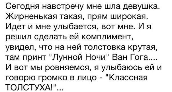 Сегодня навстречу мне шла девушка. Жирненькая такая, прям широкая. Идет и мне улыбается, вот мне. решил сделать комплимент, увидел, что на ней толстовка крутая, там принт "Лунной Ночи" Ван Гога.... И 
