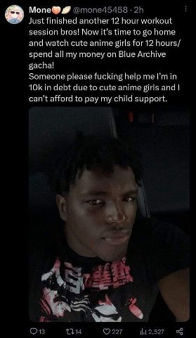 Моне Just finished another 12 hour workout session bros! Now it’s time to home and watch cute anime girls for 12 hour spend all my maney on Blue Archive sacha! Someone please fucking help me in debt c