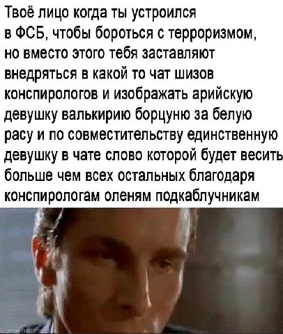 Твоё лицо когда ты устроился OCB, чтобы бороться с терроризмом, но вместо этого тебя заставляют внедряться в какой то чат шизов конспирологов и изображать арийскую девушку валькирию борцуню за белую р