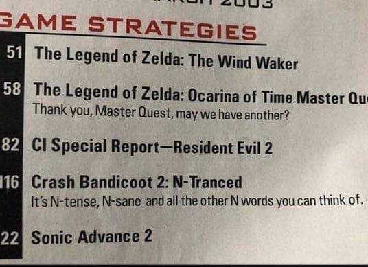 SAME STRATEGIES The Legend of Zelda: The Wind Waker The Legend of Zelda: Ocarina of Time Master Thank you, Master Quest, may we have another? Special Report—Resident Evil 2 Crash Bandicoot 2: N-Trance