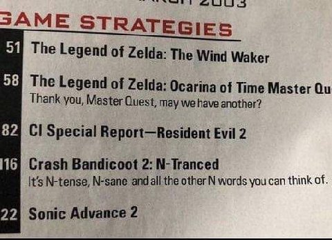 SAME STRATEGIES The Legend of Zelda: The Wind Waker The Legend of Zelda: Ocarina of Time Master Thank you, Master Quest, may we have another? Special Report—Resident Evil 2 Crash Bandicoot 2: N-Trance