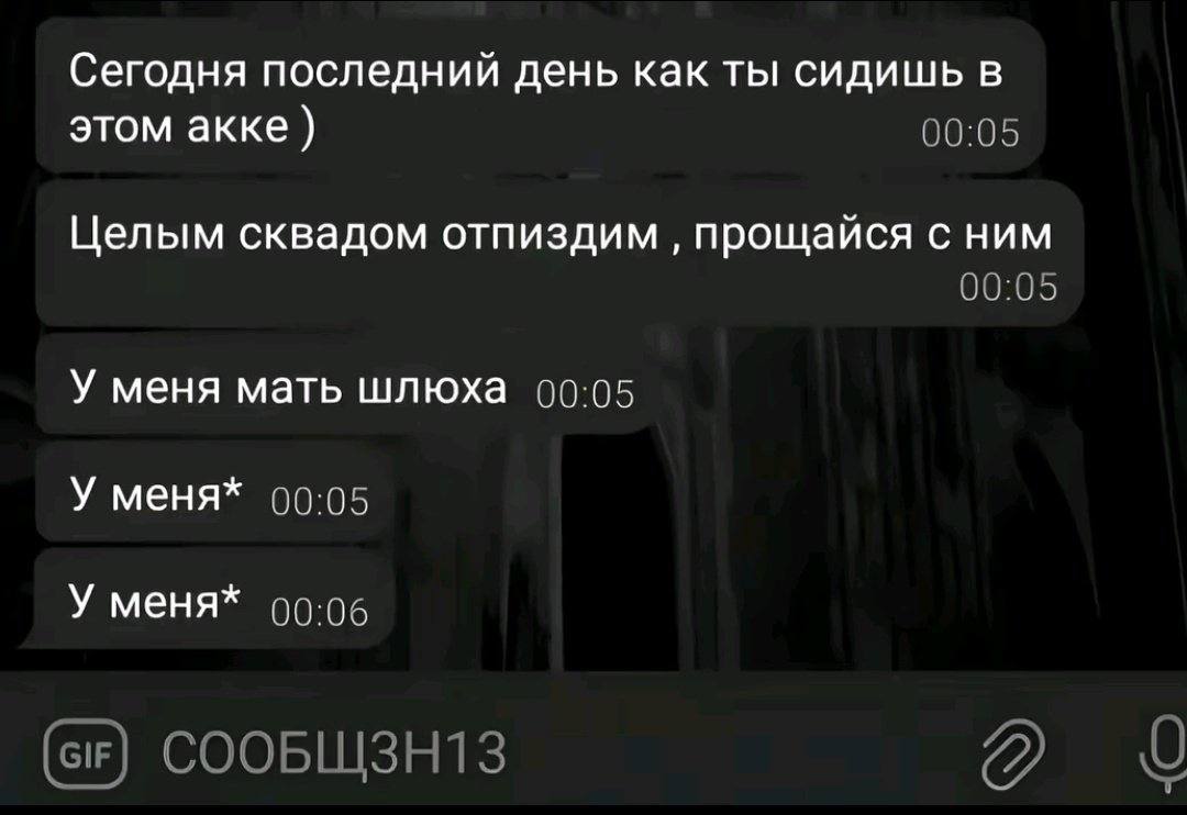 Сегодня последний день как ты сидишь в этом акке 00:05 Целым сквадом отпиздим прощайся с ним 00:05 У меня мать шлюха 00:05 У меня* 00:05 У меня* 00:06 СООБЩЗН1З