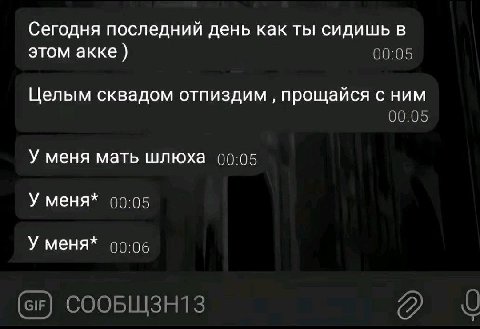 Сегодня последний день как ты сидишь в этом акке 00:05 Целым сквадом отпиздим прощайся с ним 00:05 У меня мать шлюха 00:05 У меня* 00:05 У меня* 00:06 СООБЩЗН1З