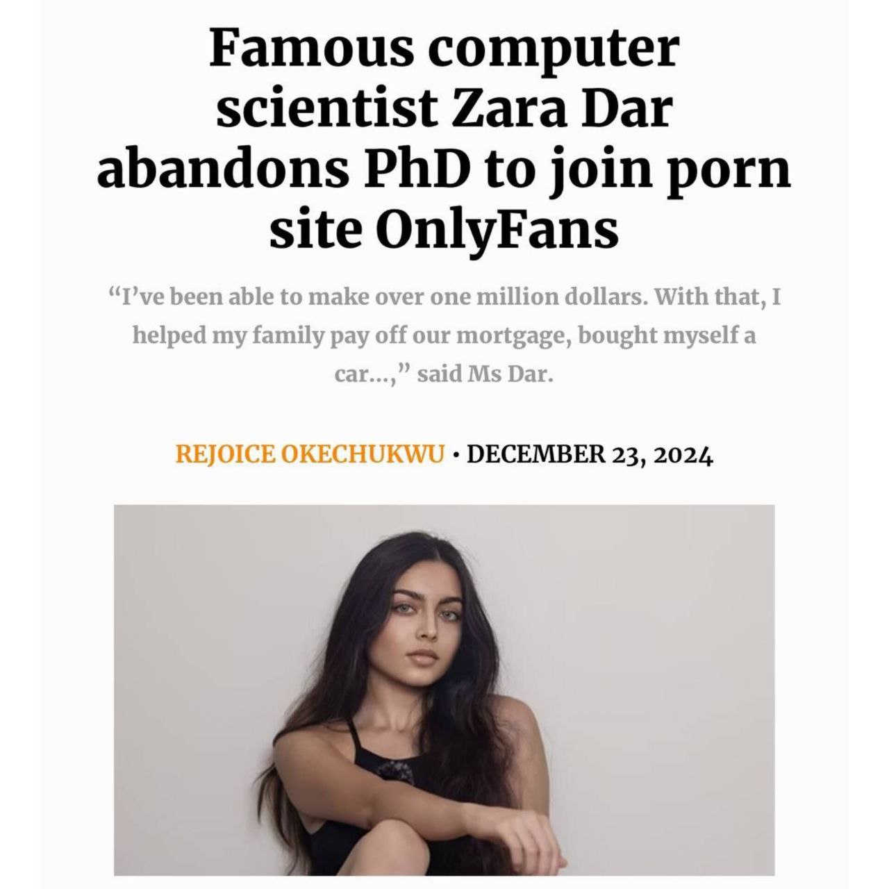 Famous computer scientist Zara Dar abandons PhD to join porn site OnlyFans DECEMBER 23, 2024