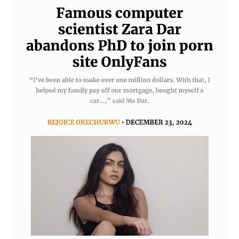 Famous computer scientist Zara Dar abandons PhD to join porn site OnlyFans DECEMBER 23, 2024