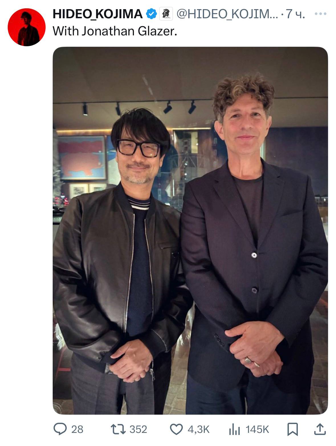 HIDEO KOJIMA Я @HIDEO КОЛМ....7ч With Jonathan Glazer aig A’ 352 28