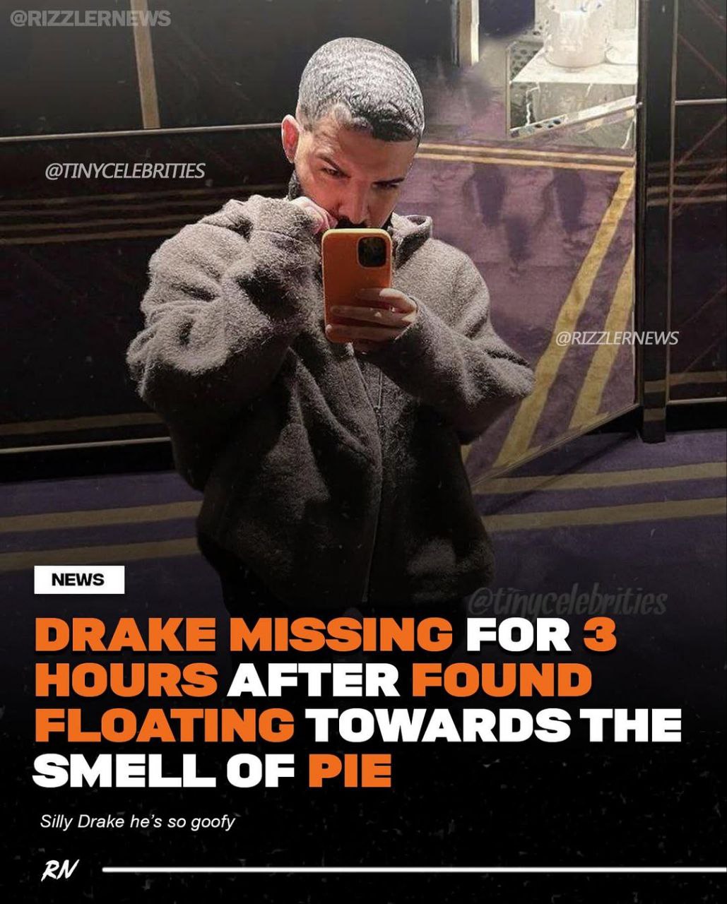 @RIZZLERN @TINYCELEBRITIES NEWS DRAKE MISSING FOR 3 HOURS AFTER FOUND FLOATING TOWARDS THE SMELL OF PIE Silly Drake he’s so goofy
