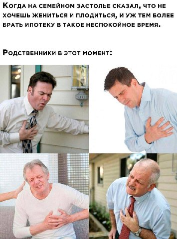 КогдА НА СЕМЕЙНОМ ЗАСТОЛЬЕ СКАЗАЛ, ЧТО НЕ ХОЧЕШЬ ЖЕНИТЬСЯ И ПЛОДИТЬСЯ, И ТЕМ БОЛЕЕ БРАТЬ ИПОТЕКУ В ТАКОЕ НЕСПОКОЙНОЕ ВРЕМЯ. РодствеННИКИ В ЭТОТ МОМЕНТ: К. 7 i 4 a у