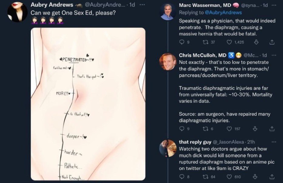 Aubry Andrews Marc Wasserman, Can we get One Sex 4 Speaking as a physician, that would indeed penetrate. The diaphragm, causing a massive hernia that would be fatal 1 Chris McCulloh, Not exactly that'